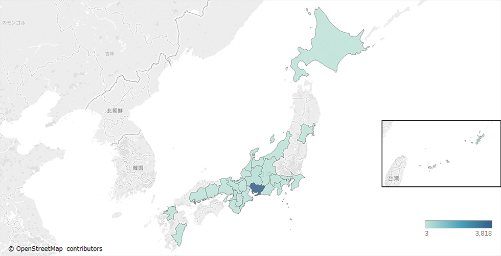 ■昼間愛知県を観光した人が宿泊した場所（都道府県別ヒートマップ）愛知県内を昼間観光した人は、そのまま愛知県内で宿泊する人が多い。